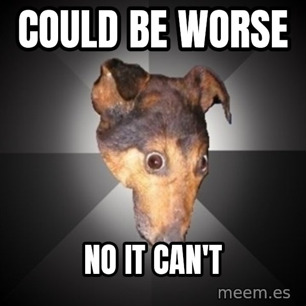 Depression Dog meme: Could be worse / no it can't