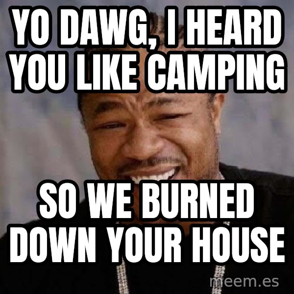 Yo Dawg meme: yo dawg, i heard you like camping / so we burned down your house