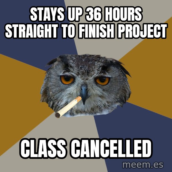 Art Student Owl meme: stays up 36 hours straight to finish project / class cancelled