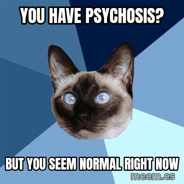 Chronic Illness Cat meme: you have psychosis? / but you seem normal right now