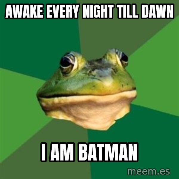 Foul Bachelor Frog meme: awake every night till dawn / i am batman