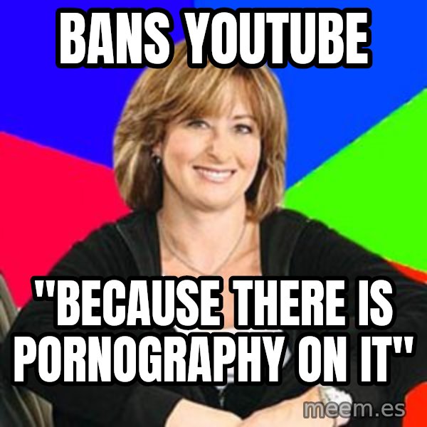 Sheltering Suburban Mom meme: Bans youtube / "because there is pornography on it"