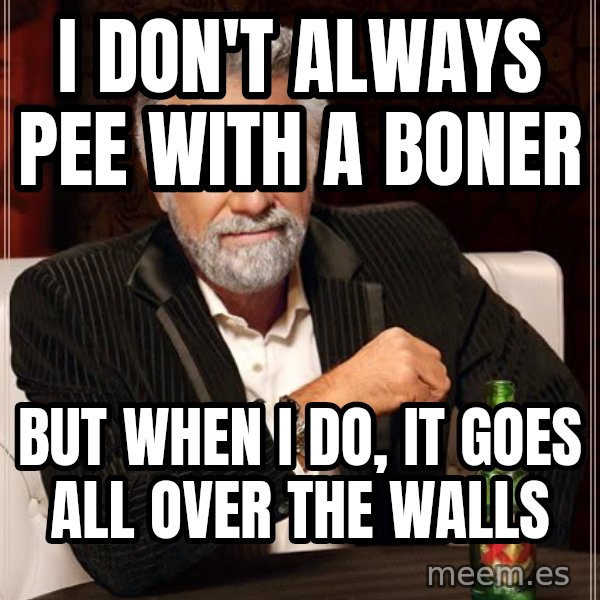 The Most Interesting Man In The World meme: I DON'T ALWAYS PEE WITH A BONER / BUT WHEN I DO, IT GOES ALL OVER THE WALLS
