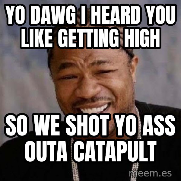 Yo Dawg meme: yo dawg i heard you like getting high / so we shot yo ass outa catapult