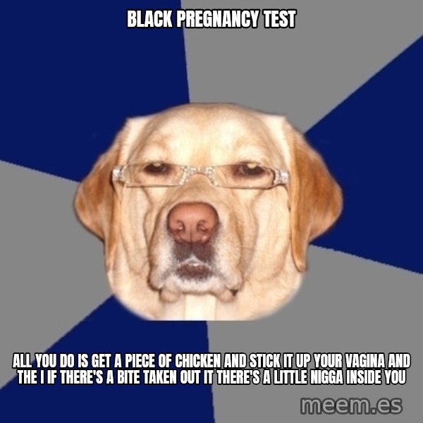 Racist Dawg meme: Black pregnancy test / All you do is get a piece of chicken and stick it up your vagina and the I if there's a bite taken out it there's a little nigga inside you