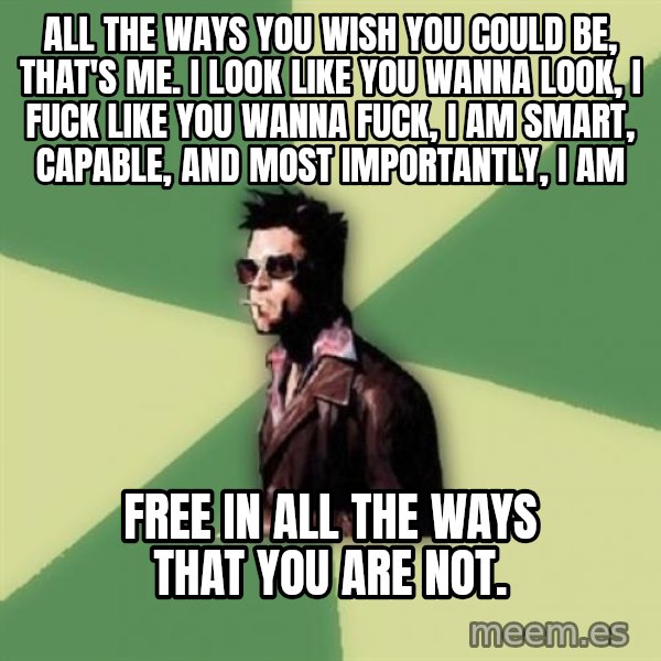 Tyler Durden meme: All the ways you wish you could be, that's me. I look like you wanna look, I fuck like you wanna fuck, I am smart, capable, and most importantly, I am / free in all the ways that you are not.