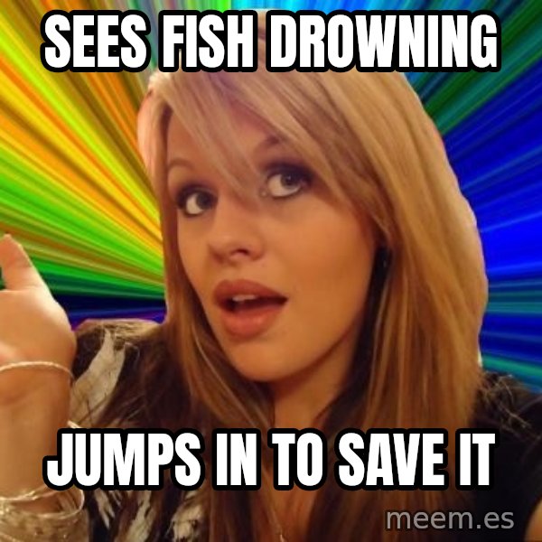 Dumb Blonde meme: Sees fish drowning / jumps in to save it