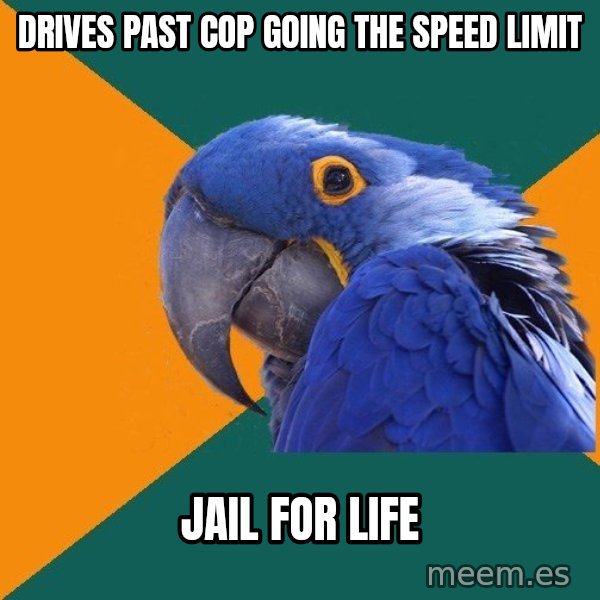Paranoid Parrot meme: Drives past cop going the speed limit / Jail for life