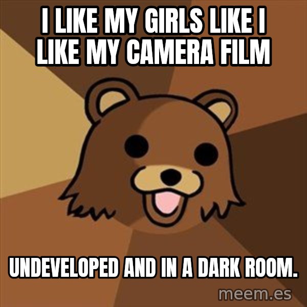 Pedobear meme: I like my girls like i like my camera film / undeveloped and in a dark room.