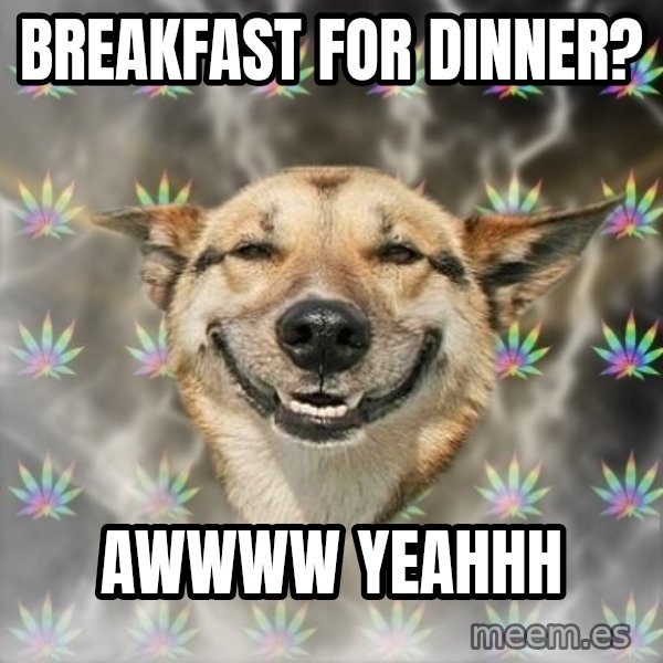 Stoner Dog meme: Breakfast for dinner? / awwww yeahhh