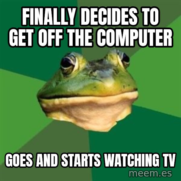 Foul Bachelor Frog meme: Finally decides to get off the computer / goes and starts watching tv