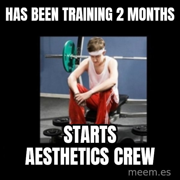 Annoying Gym Newbie meme: has been training 2 months / starts aesthetics crew