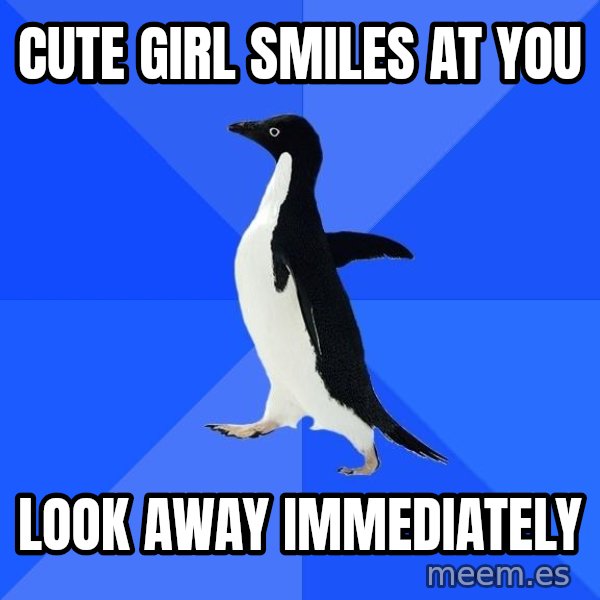 Socially Awkward Penguin meme: Cute girl smiles at you / look away IMMEDIATELY
