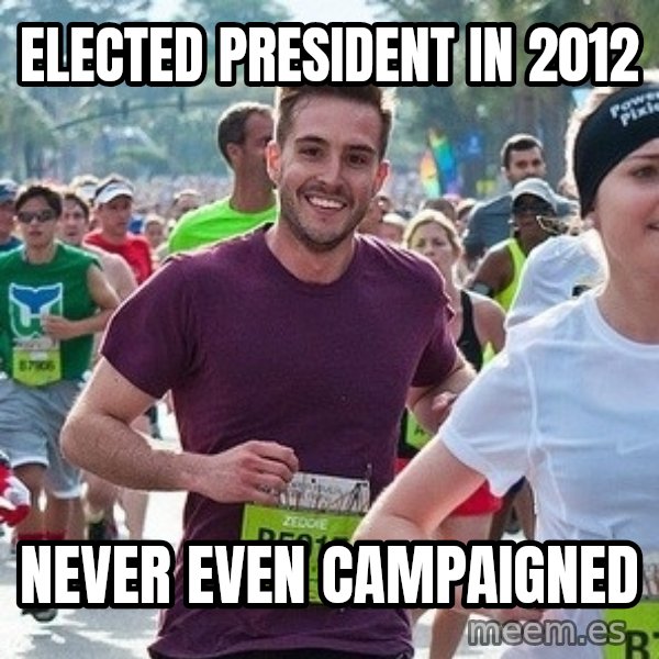 Ridiculously photogenic guy (Zeddie) meme: elected president in 2012 / never even campaigned