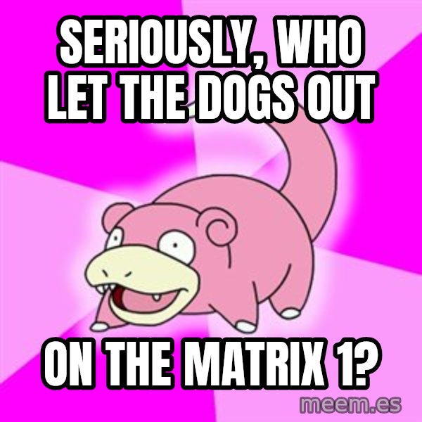 Slowpoke meme: seriously, who let the dogs out / on the matrix 1?