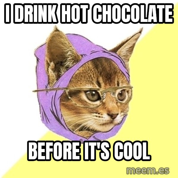 Hipster Kitty meme: I drink hot chocolate / before it's cool