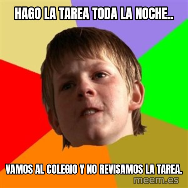 Angry School Boy meme: Hago la tarea toda la noche.. / vamos al colegio y no revisamos la tarea.