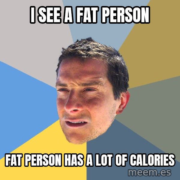 Bear Grylls meme: I see a fat person / fat person has a lot of calories