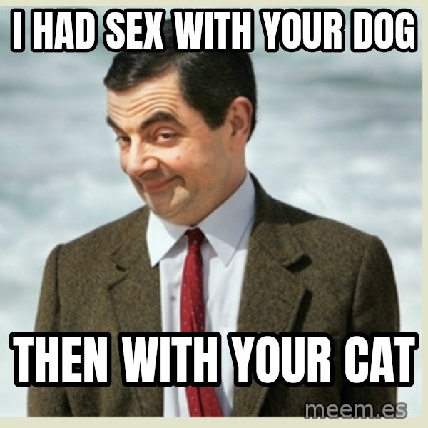 MR bean meme: I had sex witH your DoG / THen with your caT