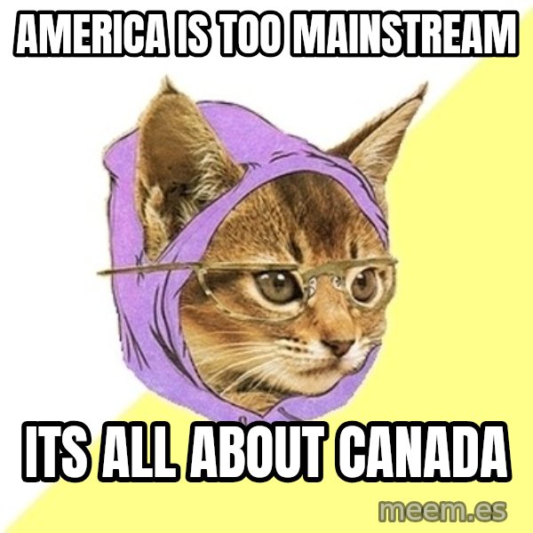 Hipster Kitty meme: america is too mainstream / its all about canada