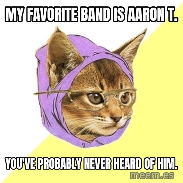 Hipster Kitty meme: My favorite band is aaron T. / You've probably never heard of him.