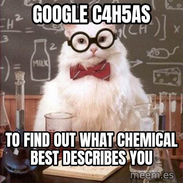 Chemistry Cat meme: google C4H5As / to find out what chemical best describes you