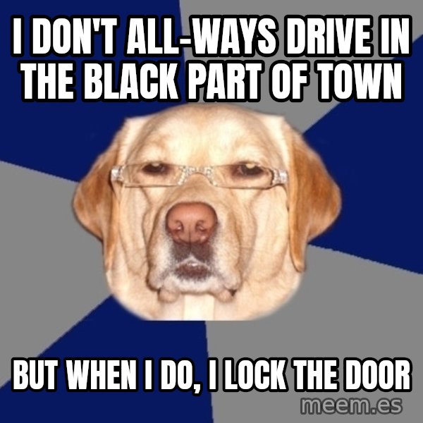 Racist Dog meme: I Don't all-ways drive in the black PART OF town / but when i do, i lock the door