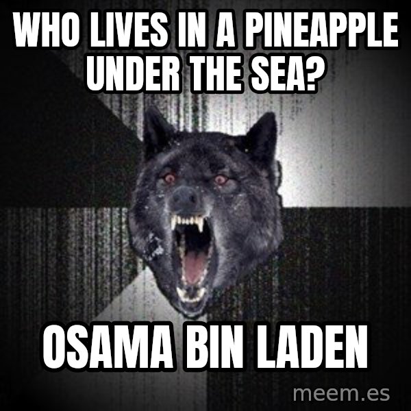 Insanity Wolf meme: Who lives in a pineapple under the sea? / Osama bin laden