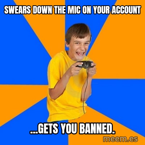 Annoying Gamer Kid meme: swears down the mic on your account / ...gets you banned.