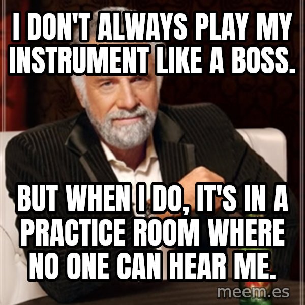 Dos Equis Man meme: I don't always play my instrument like a boss. / but when I do, it's in a practice room where no one can hear me.