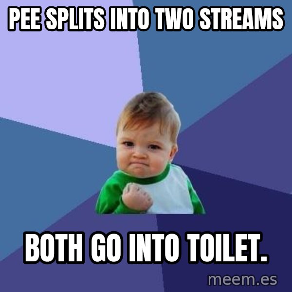 Success Kid meme: Pee splits into two streams / both go into toilet.