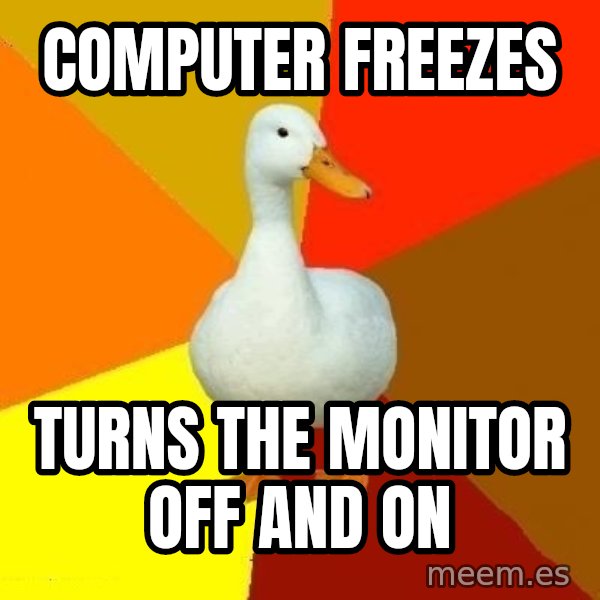 Technologically Impaired Duck meme: computer freezes / turns the monitor off and on