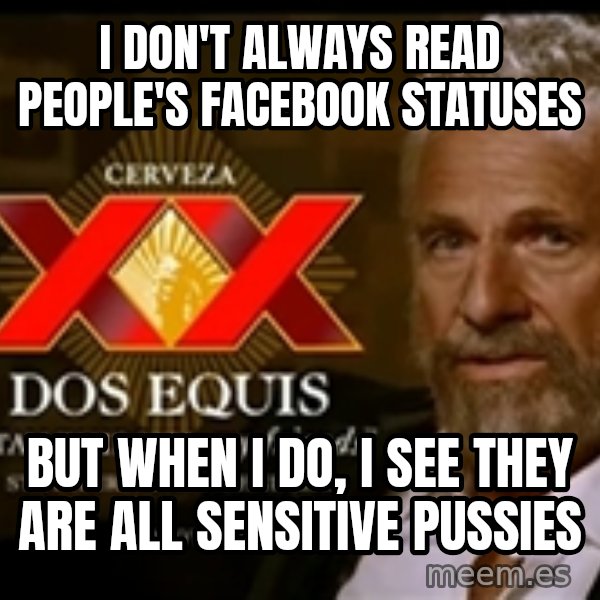 The Most Interesting Man In The World meme: I don't always read people's facebook statuses / but when i do, i see they are all sensitive pussies