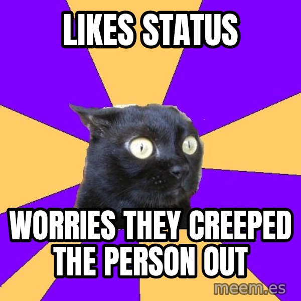Anxiety Cat meme: likes status / worries they creeped the person out