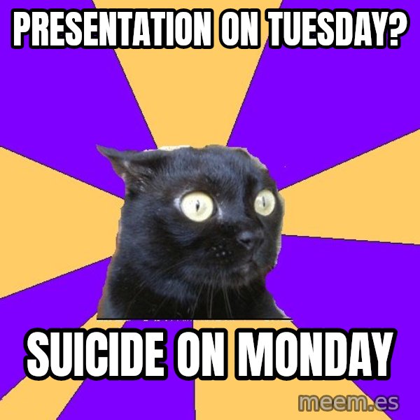 Anxiety Cat meme: presentation on tuesday? / suicide on monday