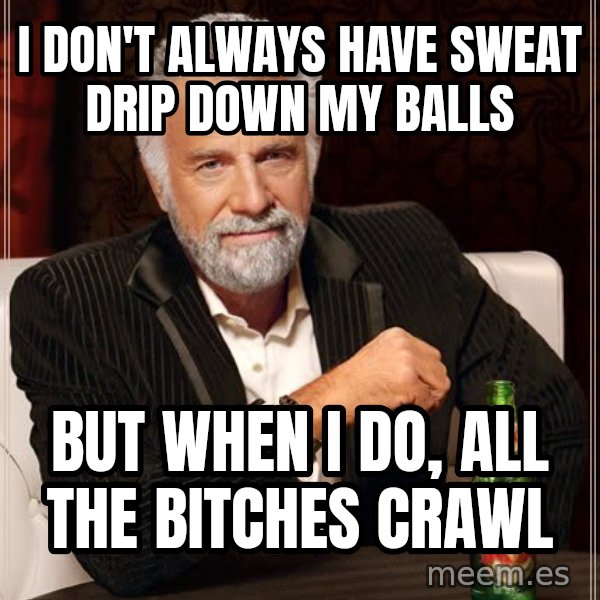 The Most Interesting Man In The World meme: I don't always have sweat drip down my balls / but when i do, all the bitches crawl