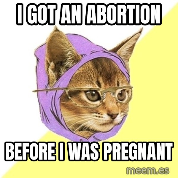 Hipster Kitty meme: I got an abortion / Before i was pregnant