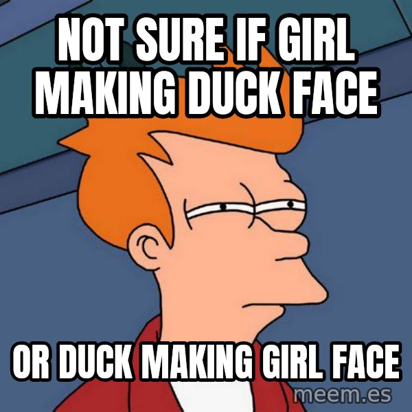 Futurama Fry meme: Not sure if girl making duck face / or duck making girl face
