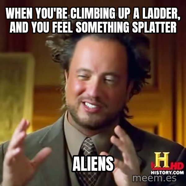Giorgio A Tsoukalos Hair meme: When you're climbing up a ladder, and you feel something splatter / aliens