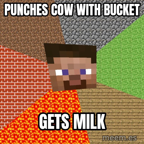 Minecraft Guy meme: Punches cow with Bucket / gets milk
