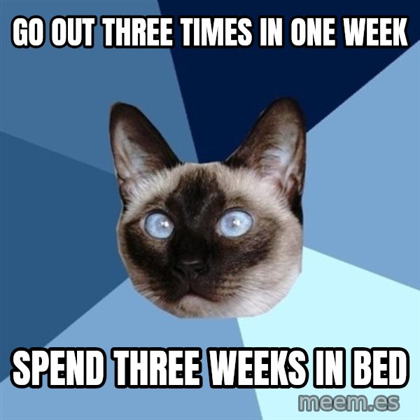 Chronic Illness Cat meme: go out three times in one week / spend three weeks in bed