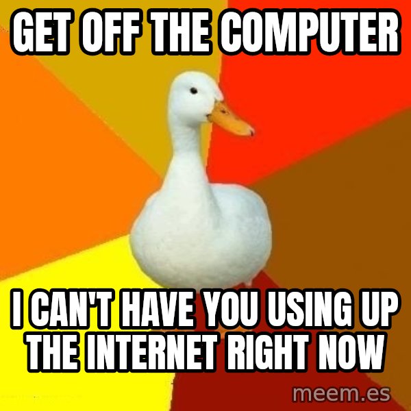 Technologically Impaired Duck meme: Get off the computer / I can't have you using UP the internet right now