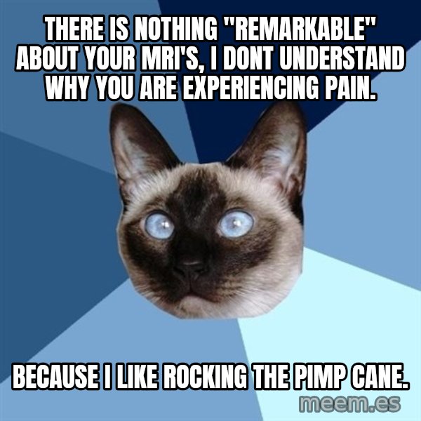 Chronic Illness Cat meme: there is nothing "remarkable" about your MRI's, I dont understand why you are experiencing pain. / Because I like rocking the pimp cane.