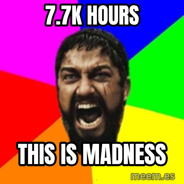 sparta meme: 7.7k hours / this is madness