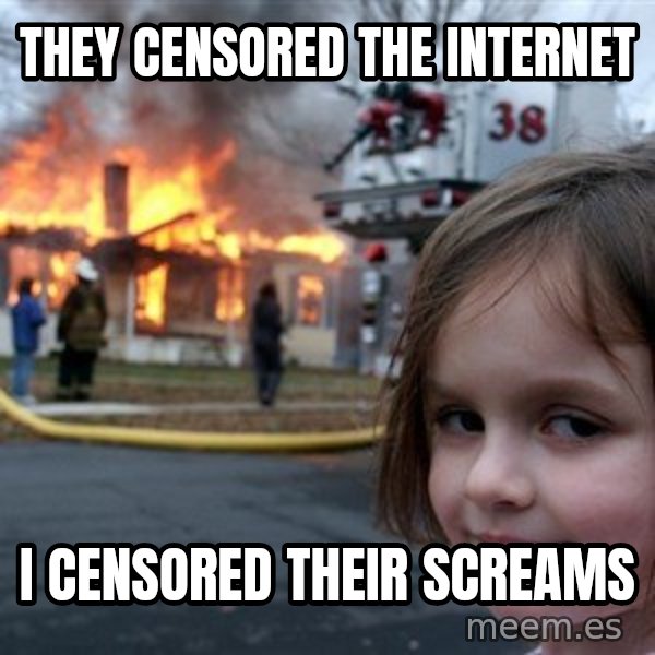 Disaster Girl meme: THEY CENSORED THE INTERNET / I CENSORED THEIR SCREAMS