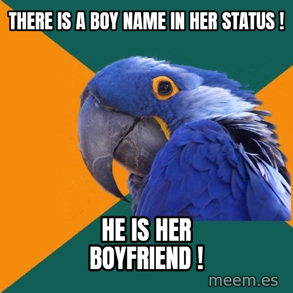 Paranoid Parrot meme: there is a boy name in her status ! / he is her boyfriend !