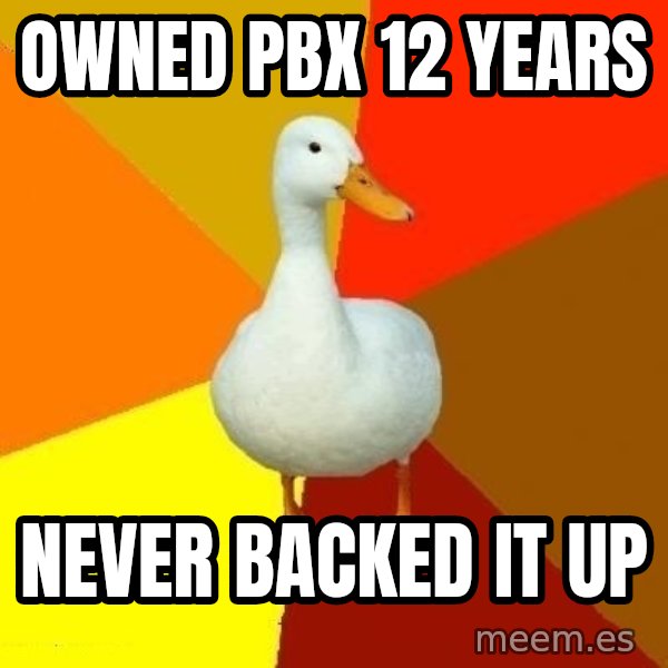Technologically Impaired Duck meme: owned  pbx 12 years / never backed it up