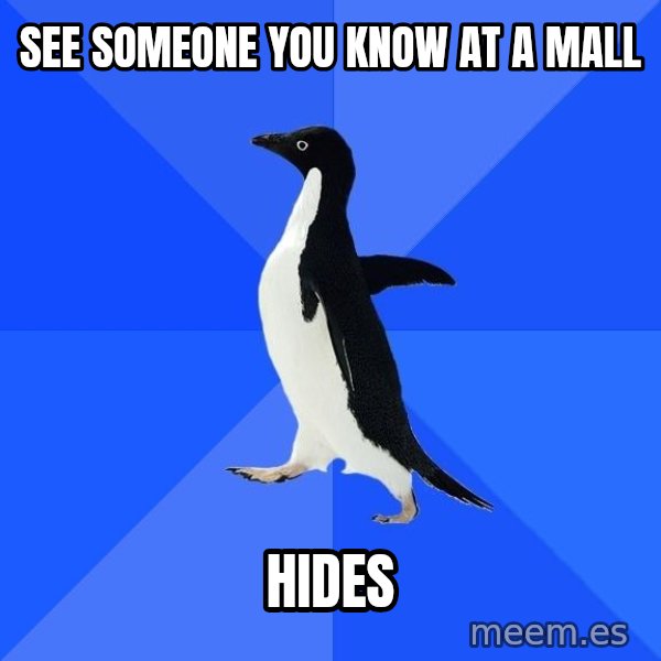Socially Awkward Penguin meme: see someone you know at a mall / hides