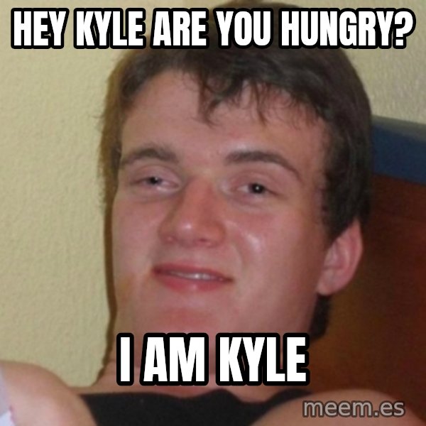 Really Stoned Guy meme: Hey kyle are you hungry? / i am kyle