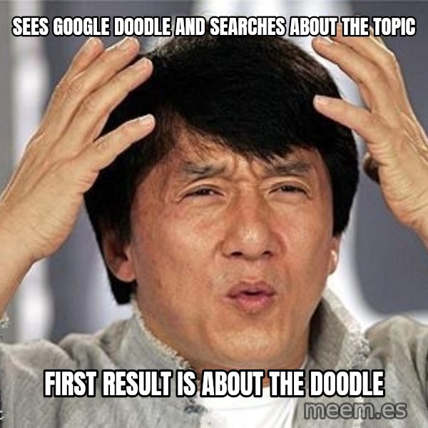Confused Jackie Chan meme: SEES GOOGLE DOODLE AND SEARCHES ABOUT THE TOPIC / FIRST RESULT IS ABOUT THE DOODLE